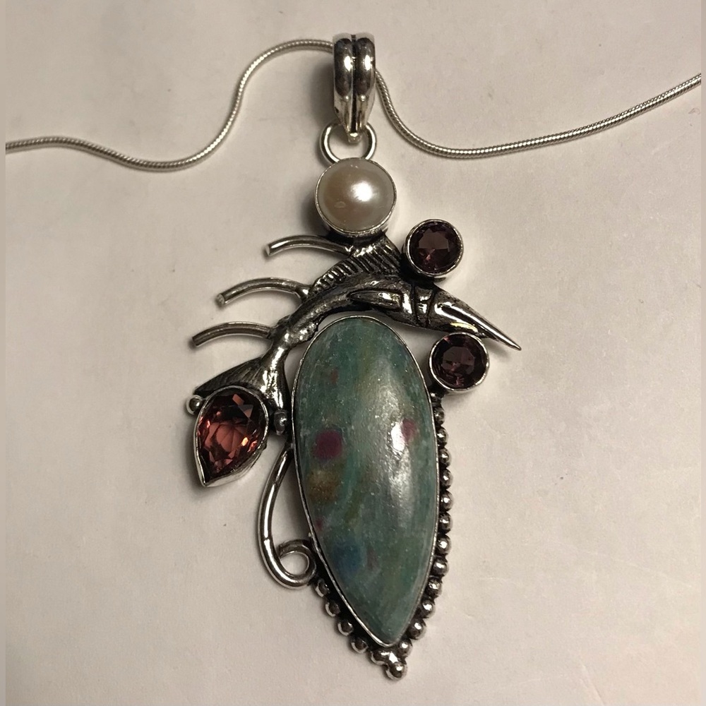 Ruby Fuchsite Amethyst Pearl 925 Sterling Silver Necklace
